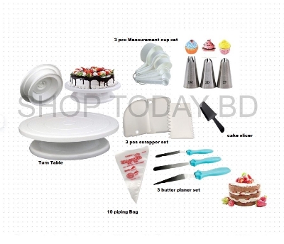 Picture of Cake Combo With 1m/2D/2F cake slicer Cake Decoration Turntable , , 3 pieces of cake planner , Measuring Spoon Cup Set , 3 pieces Plastic Cream Scraper & 10 Pieces Pipping Bags -Multicolor