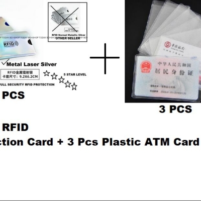 Picture of Anti RFID Aluminium 3 Pieces  Card Holders Metal Leaser Silver  + Plastic ATM Card Cover 3  Pieces