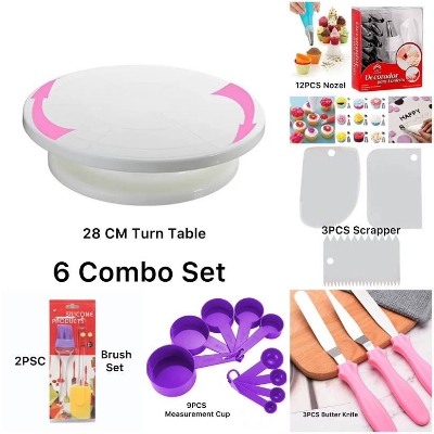 Picture of 6X Combo Set Decoration Turntable 28cm , 12 Pieces Of Stainless Steel Nozzle Set , 3 pieces of cake planner , Measuring Spoon Set cup , 3 pieces Plastic Cream Scraper ,2 PCS Set Silicone Spoon and oil brush -Multicolor