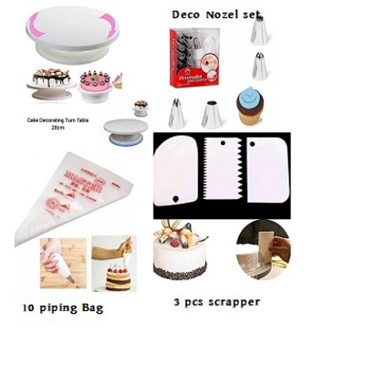 Picture of 4PPP Cake Combo Turn Table , Deco Nozel Set,3 Piece Scrapper, 10 pieces Piping Bag -Multicolor