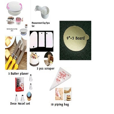 Picture of 7A Cake Combo Turntable 28 CM , 12 Pcs Steel Nozzle Set , 3 Pcs planner , Measuring Spoon Set , 3 Pcs Cream Scraper ,10 Pcs Pipping Bag & 3 Pcss cake Board -Multicolor