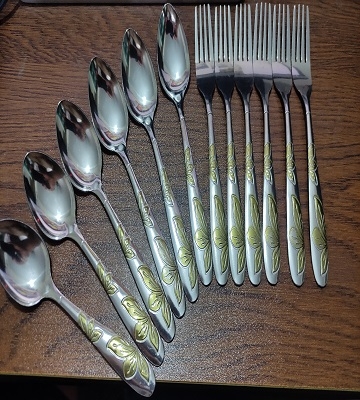 Picture of Stainless Steel 6 + 6 Spoon + Fork Set - 12 Pcs Multi Design Silver with Golden Shade -Silver