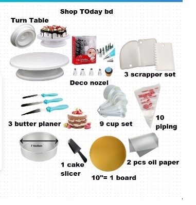 Picture of Combo Turn table, deco, 3 nife ,wmc ,scrapper, 10 piping, 7" Alu round, cake slicer, 10" 1 board ,oil paper 2 pcs -Multicolor