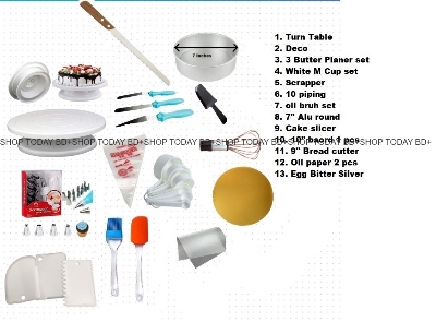 Picture of Turn table + Deco 12 Pcs nozel  set  + 3 butter Planer + white measurement cup set + scrapper + 10 piping bag + 7" ALu round + oil brush set+ Egg Bitter silver+10" board 1 pcs+ cake slicer + oil paper 2 Pcs  + 9" Bread cutter A9 -Multicolor