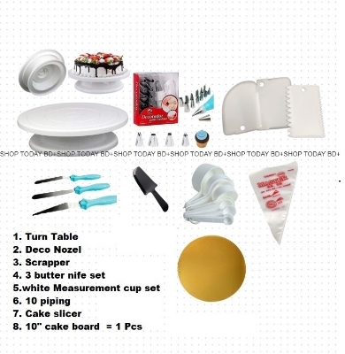 Picture of Turn table + Deco 12 Pcs nozel  set  + 3 butter Planer + white measurement cup set + scrapper + 10 piping bag + cake slicer + 10" board = 1 pcs A2 -Multicolor