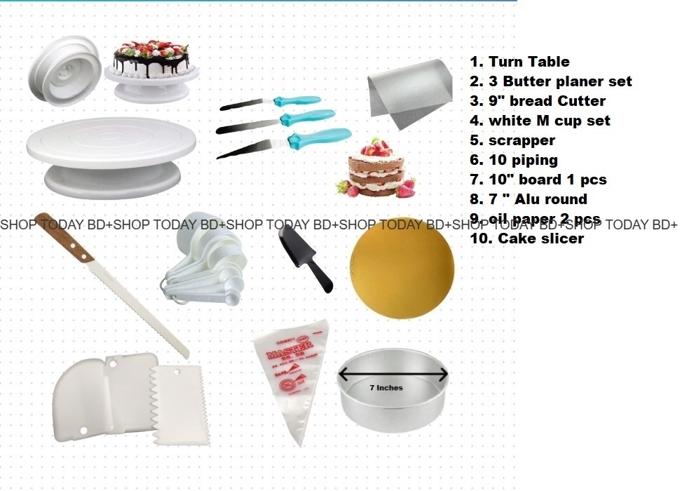 Picture of Turn Table + 3 Butter planer set + 9" bread cutter + white M cup set + scrapper set + 10 piping + 10"board 1 pcs + 7" ALu round + oil paper 2 pcs + cake slicer  A6 -Multicolor