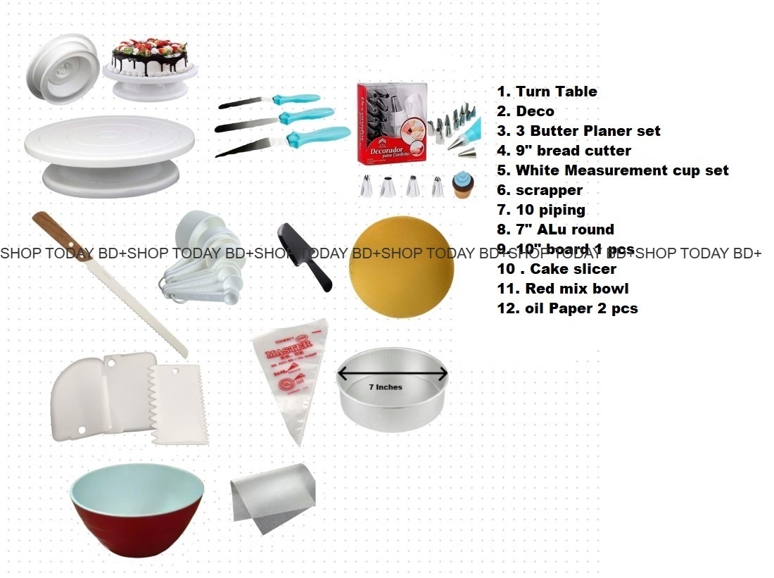 Picture of Turn table + Deco 12 Pcs nozel  set  + 3 butter Planer + white measurement cup set + scrapper + 10 piping bag +  9" Bread cutter + cake slicer+ 10" board 1 pcs + 7" ALu round + Red mix bowl+ oil paper 2 pcs A7 -Multicolor