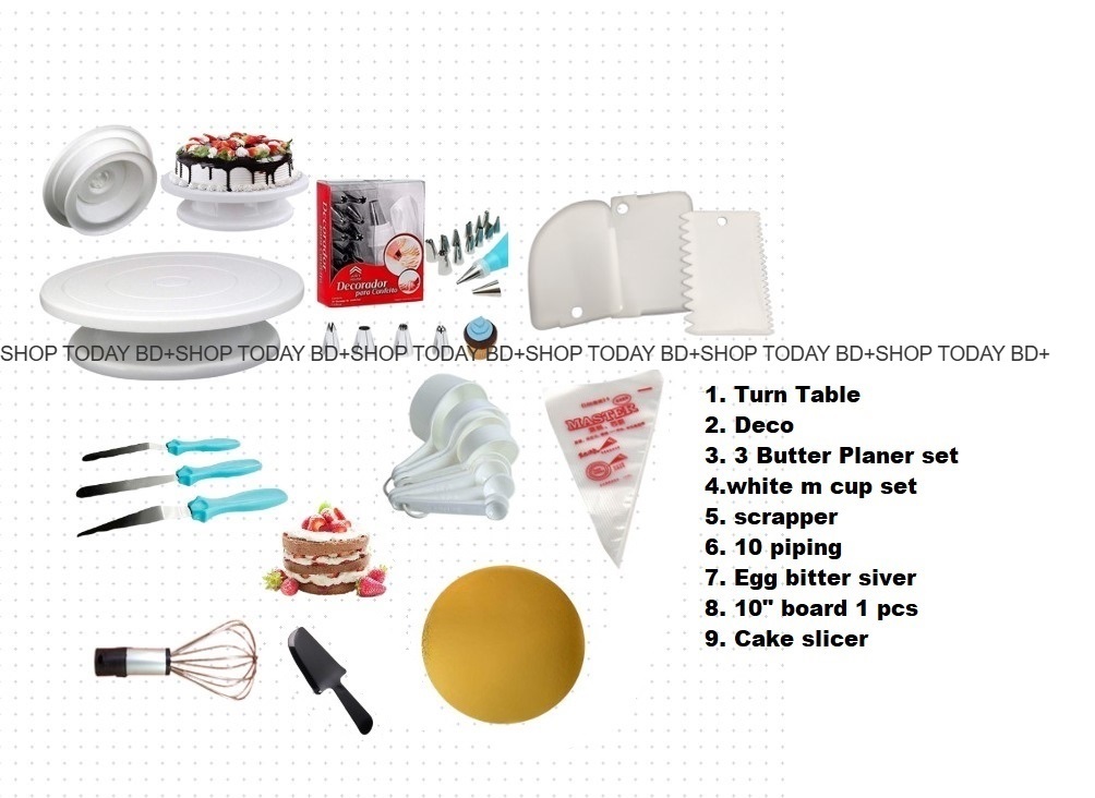 Picture of Turn table + Deco 12 Pcs nozel  set  + 3 butter Planer + white measurement cup set + scrapper + 10 piping bag +Egg bitter silver + 10" board 1 Pcs + cake slicer  A5 -Multicolor