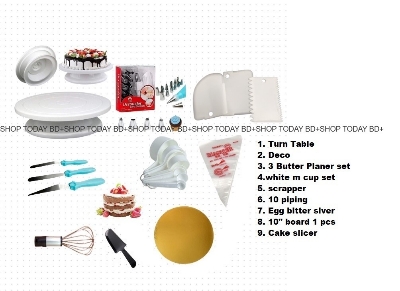 Picture of Turn table + Deco 12 Pcs nozel  set  + 3 butter Planer + white measurement cup set + scrapper + 10 piping bag +Egg bitter silver + 10" board 1 Pcs + cake slicer  A5 -Multicolor