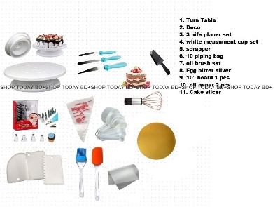Picture of Turn table + Deco 12 Pcs nozel  set  + 3 butter Planer + white measurement cup set + scrapper + 10 piping bag + oil brush set + Egg bitter silver + 10" board 1 pcs + oil paper 2 pcs + cake slicer  A4 -Multicolor