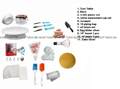 Picture of Turn table + Deco 12 Pcs nozel  set  + 3 butter Planer + white measurement cup set + scrapper + 10 piping bag + oil brush set + Egg bitter silver + 10" board 1 pcs + oil paper 2 pcs + cake slicer  A4 -Multicolor
