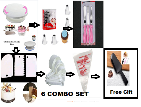 Picture of 6C with free cake slicer   Cake Decoration Turntable , 12 Pieces Of Stainless Steel Nozzle Set , 3 pieces of cake planner , Measuring Spoon Cup Set , 3 pieces Plastic Cream Scraper & 10 Pieces Pipping Bags -Multicolor