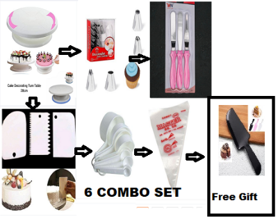 Picture of 6C With Free 1 pcs Cake slicer  Set Of Cake Decoration Turntable , 12 Pieces Of Stainless Steel Nozzle Set , 3 pieces of cake planner , Measuring Spoon Cup Set , 3 pieces Plastic Cream Scraper & 10 Pieces Pipping Bags -Multicolor
