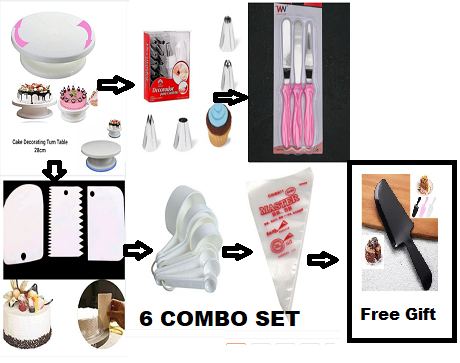 Picture of 6C With Free 1 pcs Cake slicer  Set Of Cake Decoration Turntable , 12 Pieces Of Stainless Steel Nozzle Set , 3 pieces of cake planner , Measuring Spoon Cup Set , 3 pieces Plastic Cream Scraper & 10 Pieces Pipping Bags -Multicolor