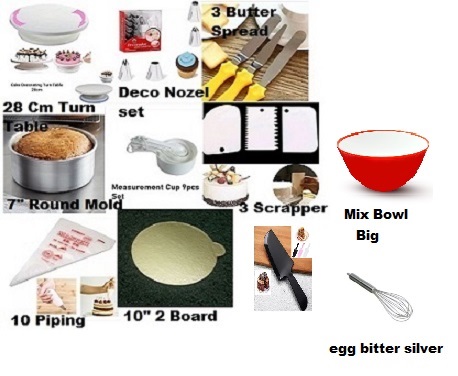 Picture of 11C Combo of Turn Table 12 Deco Nozel 3 Butter spread  7" Round Mold White M Cup set 3 Scrapper 10 piping Bag 10" Cake Board 2 Pcs  Big  Mix bowl  Hand Egg bitter silver cake slicer -Multicolor