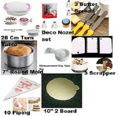 Picture of 8P7  Combo Turn Table Full , 12 Deco Nozel , 3 Butter spread , 7" Round Mold , White M Cup set , 3 Scrapper , 10 piping Bag , 10" Cake Board 2 Pcs -Multicolor