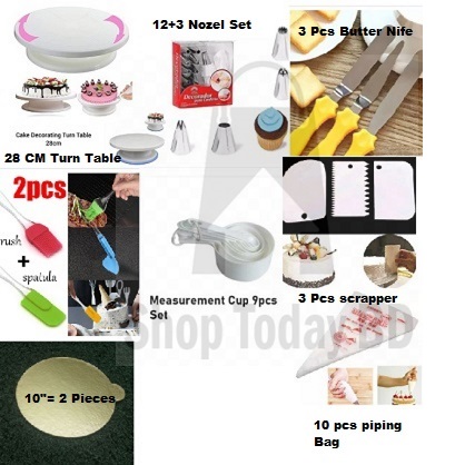 Picture of 8PO Combo Cake Turn Table + 12 & 3 Nozel Set + 3 Nife + 2 Oil Brush + 9 M set Cup + 3 Scrapper + 10" 2 Board + 10 Piping Bag -Multicolor