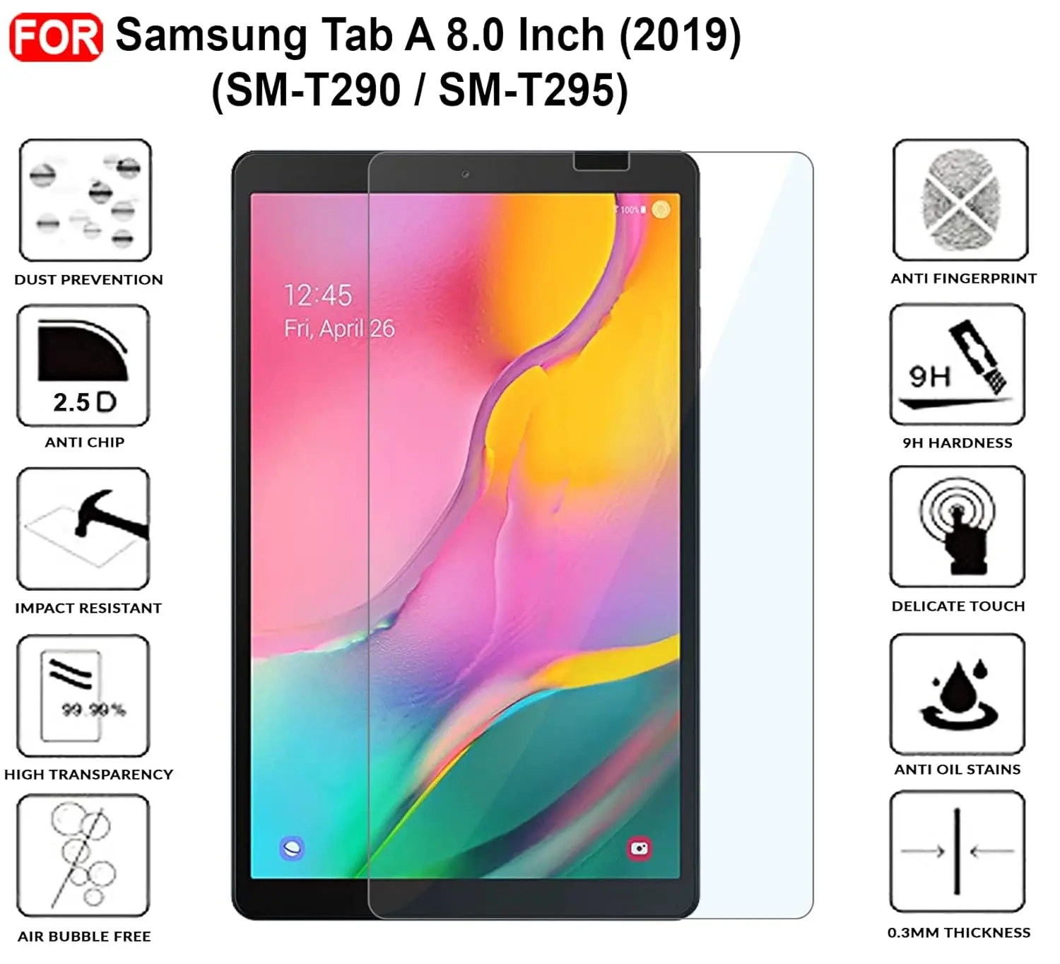 Picture of Samsung Galaxy Tab A 8.0 (2019) 8.0 inches SM-T290, SM-T295 Clear Transparent Tempered Glass Film Screen Protector
