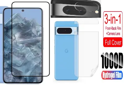 Picture of 3in1 Protector Combo Pack for Google Pixel 8a 5G (Premium Full Screen Protector Glass+Back Hydrogel Protector Poly+Camera Lens Protector)