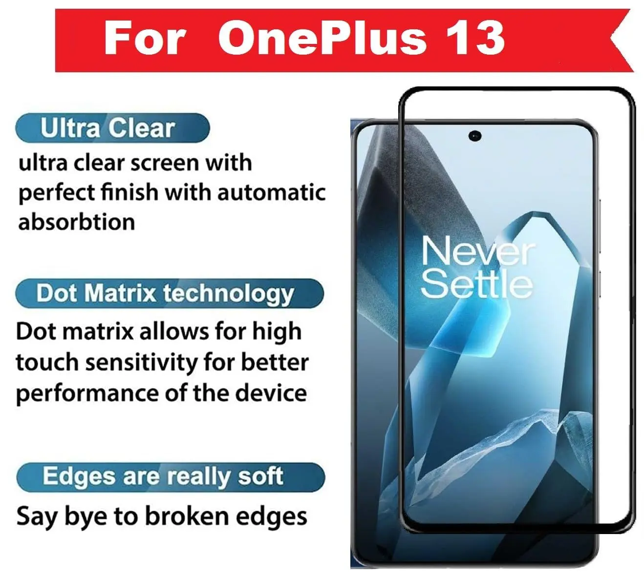 Picture of OnePlus 13 5G / 1+ 13 5G Full Glue 9D Curved Tempered Glass Screen Protector Edge to Edge Fit Protection Tempered Glass (Black)