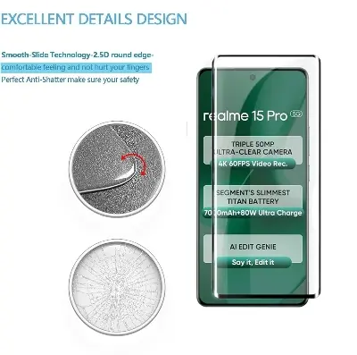 Picture of Realme 15 Pro 5G Full Glue 9D Curved Tempered Glass Screen Protector Edge to Edge Fit Protection Tempered Glass (Black)