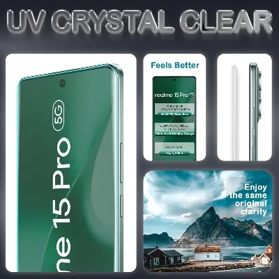 Picture of Realme 15 Pro 5G (A+ GRADE) Premium UV Tempered Glass Screen Protector Curved with Liquid Glue and UV Light -Transparent Clear