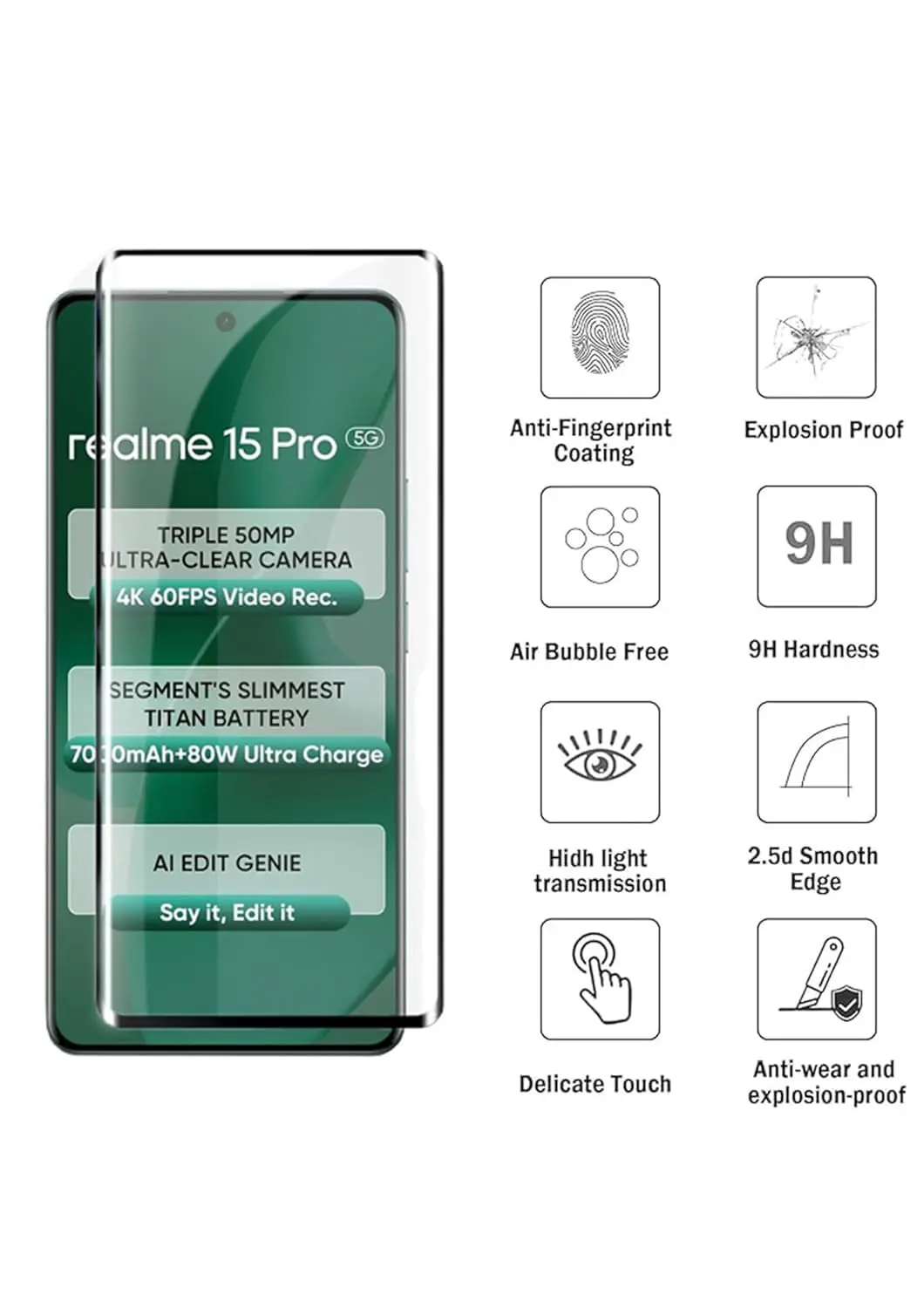 Picture of Realme 15 5G Full Glue 9D Curved Tempered Glass Screen Protector Edge to Edge Fit Protection Tempered Glass (Black)