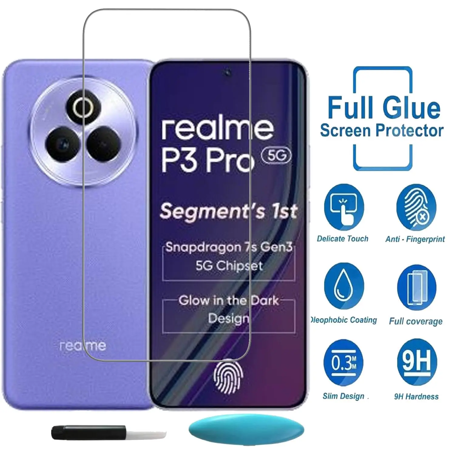 Picture of Realme P3 Pro 5G (A+ GRADE) Premium UV Tempered Glass Screen Protector Curved with Liquid Glue and UV Light -Transparent Clear