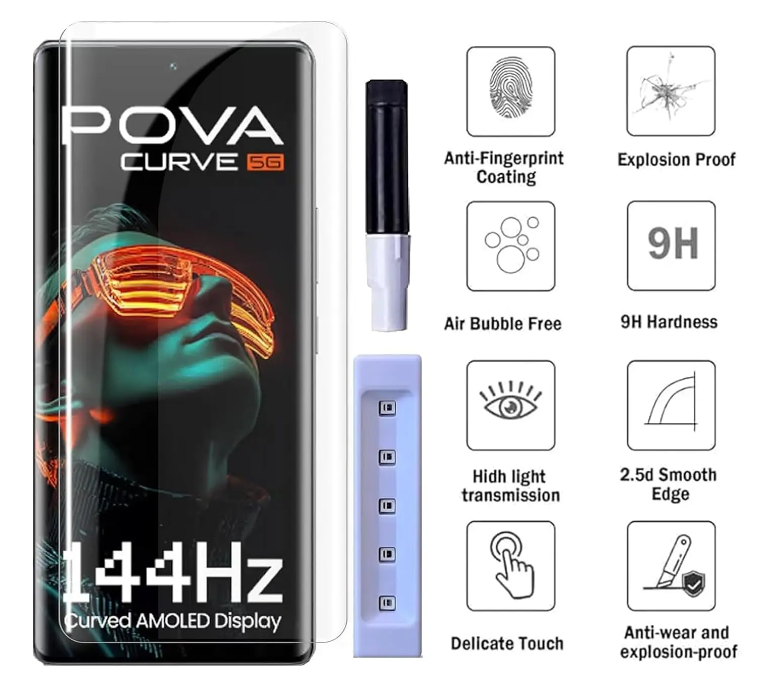 Picture of Tecno Pova Curve (A+ GRADE) Premium UV Tempered Glass Screen Protector Curved with Liquid Glue and UV Light -Transparent Clear