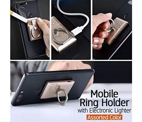 Picture of 2 in 1 Electric Coil Lighter Rechargeable USB Cigarette Lighter Flameless Windproof with Metal Phone Ring Stand Holder