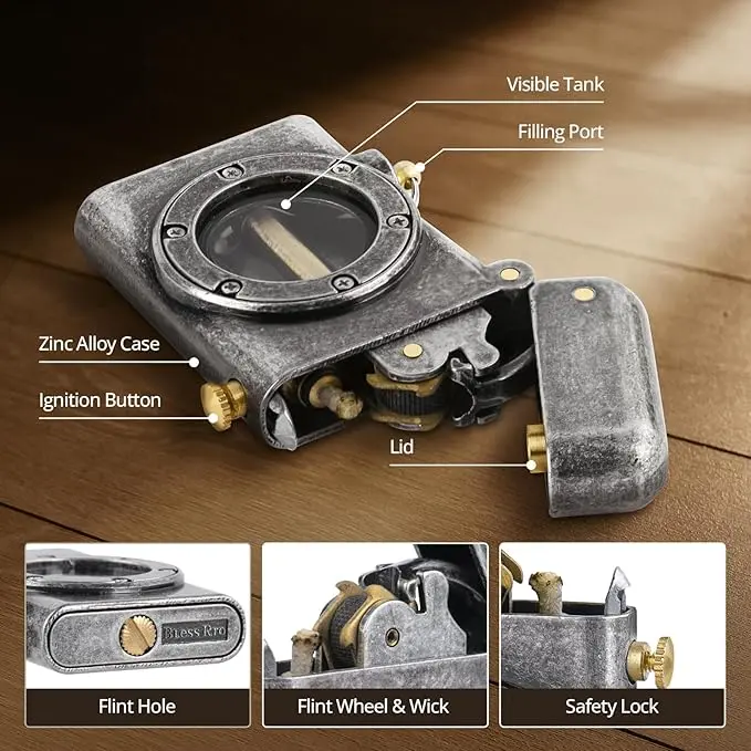 Picture of Bless Rro Morisk Vintage Lighters with Safety Lock, Cool Steampunk Trench Lighter