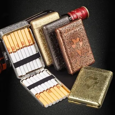 Picture of Retro European Carved Metal Cigarette Case, 3-Sided Design, Peaky Blinders Style Tri-Fold Cigarette Box, Holds 14 Cigarettes (84 mm), Unique Birthday Gift, Black