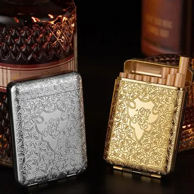 Picture of Retro European Carved Metal Cigarette Case, 3-Sided Design, Peaky Blinders Style Tri-Fold Cigarette Box, Holds 14 Cigarettes (84 mm), Unique Birthday Gift, Black