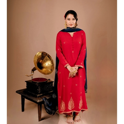 Picture of GULSHA Red & Blue Premium Women 3 Piece Salwar Kameez Crimson