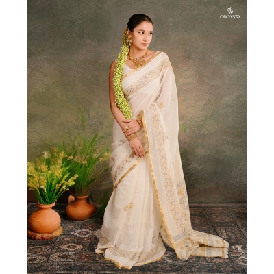 Picture of IRABOTI White & Golden Khadi Hand Block Premium Women Saree Perfect for Traditional Wear