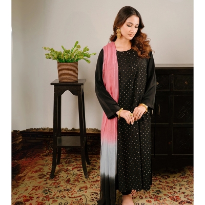 Picture of SHOROLA Black & Golden Hand Block Premium 3 Piece Salwar Kameez