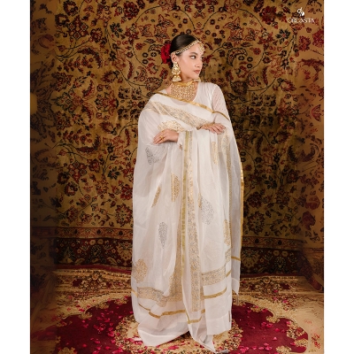 Picture of GULBAHAR White & Golden Premium Anarkali Dress