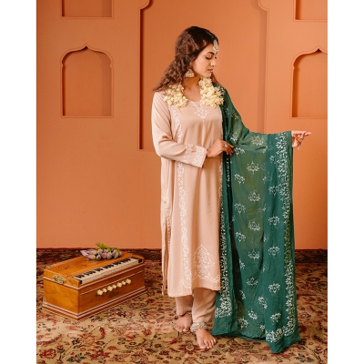 Picture of NOKHSI Khaki & Green Terracotta Design Premium 3 Piece Salwar Kameez Light Cream