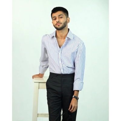 Picture of ADAM Jacquard Cotton Formal White and Blue Shirt for Man  Multicolor
