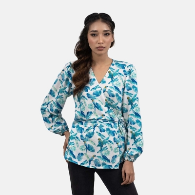 Picture of ODYSSEY Blended Cotton White and Blue Tops For Woman  Multicolor