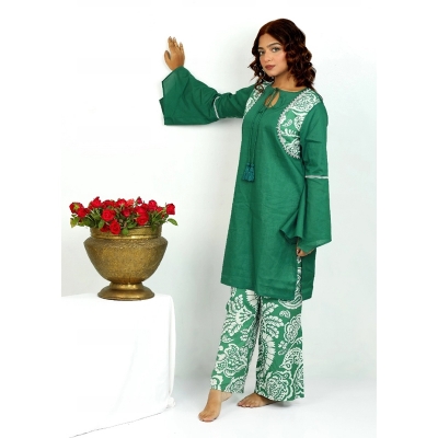 Picture of ISRA Two piece Green and White  Kameez Pant Set for Woman