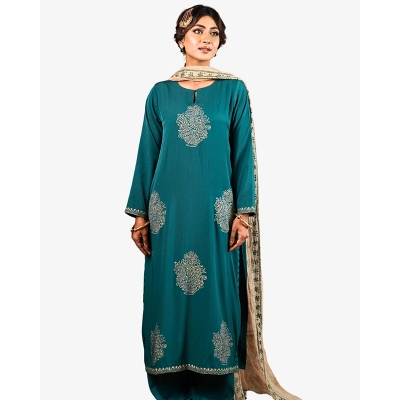 Picture of TORULOTA Green & Golden Hand Block Premium Women 3 Piece Salwar Kameez Bottle