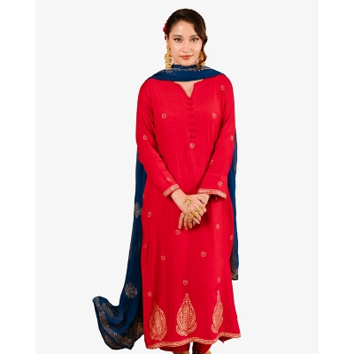 Picture of GULSHA Red & Blue Premium Women 3 Piece Salwar Kameez Crimson