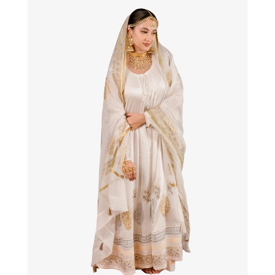 Picture of GULBAHAR White & Golden Premium Anarkali Dress