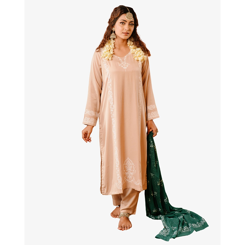 Picture of NOKHSI Khaki & Green Terracotta Design Premium 3 Piece Salwar Kameez Light Cream