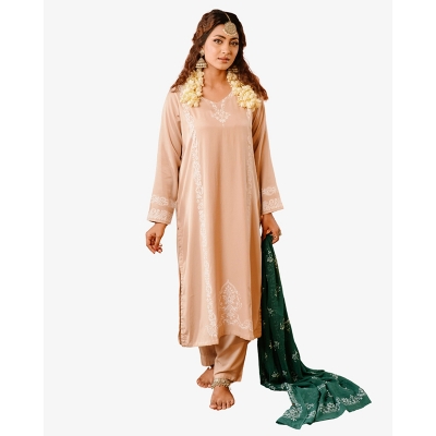 Picture of NOKHSI Khaki & Green Terracotta Design Premium 3 Piece Salwar Kameez Light Cream