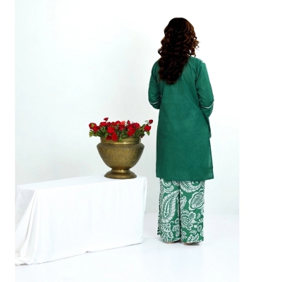 Picture of ISRA Two piece Green and White  Kameez Pant Set for Woman