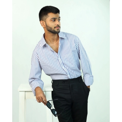 Picture of ADAM Jacquard Cotton Formal White and Blue Shirt for Man  Multicolor