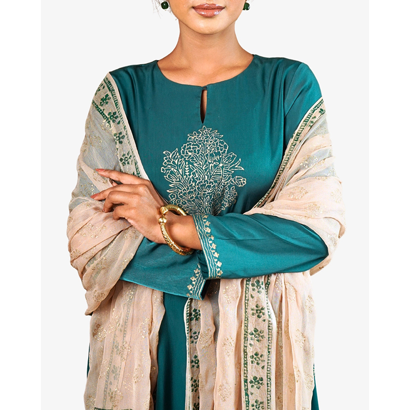 Picture of TORULOTA Green & Golden Hand Block Premium Women 3 Piece Salwar Kameez Bottle