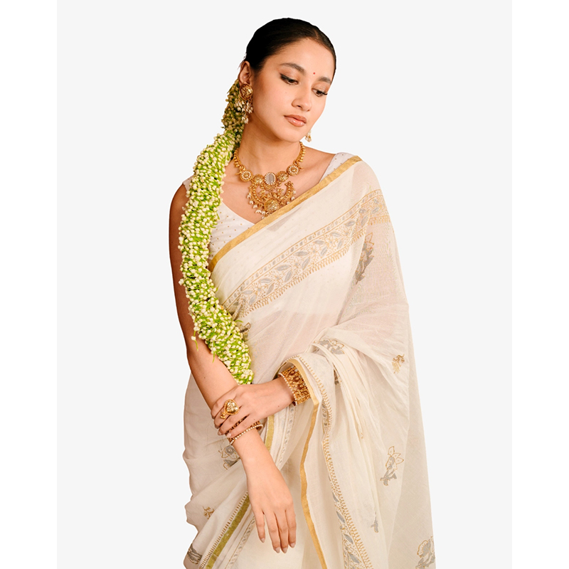 Picture of IRABOTI White & Golden Khadi Hand Block Premium Women Saree Perfect for Traditional Wear